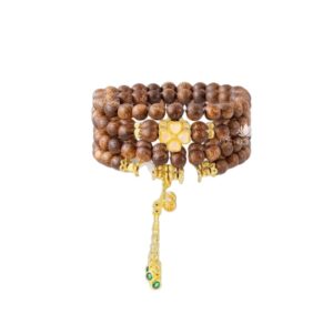 Vòng Tay Trầm Hương 108 Hạt Mix Charm Cỏ 4 Lá – Túi Bạch Ngọc Phong Thủy Ngũ Hành