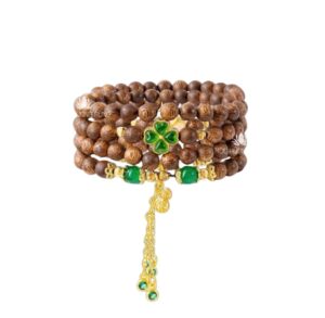 Vòng Tay Trầm Hương 108 Hạt Mix Charm Cỏ 4 Lá – Túi Bạch Ngọc Phong Thủy Ngũ Hành